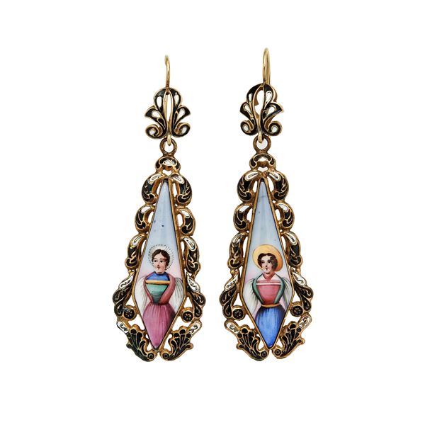Pair of yellow gold earrings, miniatures and enamels