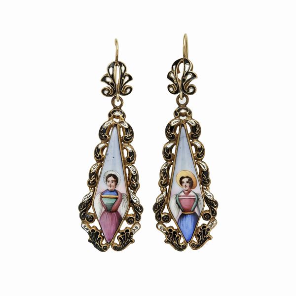 Pair of yellow gold earrings, miniatures and enamels