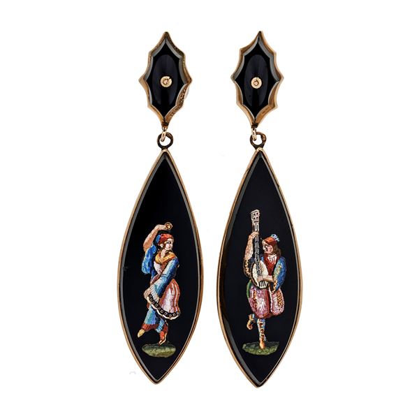 Yellow, onyx and micromosaic gold earrings  - Auction Antique Jewelry, Modern and Watches - Curio - Casa d'aste in Firenze