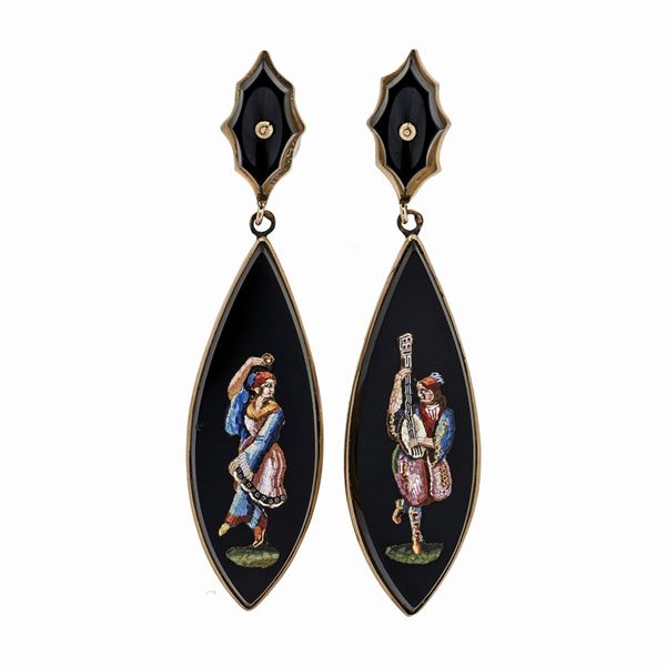 Yellow, onyx and micromosaic gold earrings