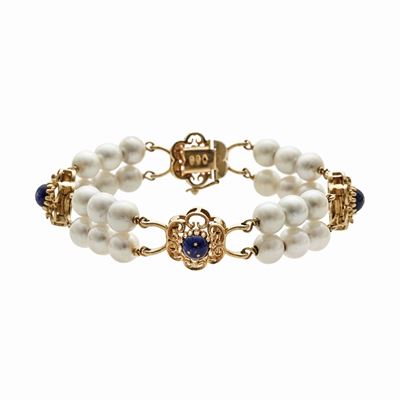 Bracciale in Oro Giallo, Smalto Blu e Perle Coltivate uno a Erre