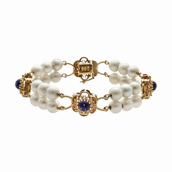 Yellow gold bracelet, blue enamel and cultured pearls One to Erre