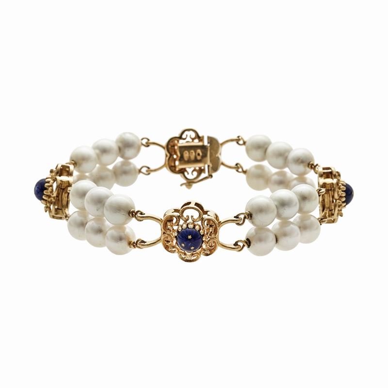 Bracciale in Oro Giallo, Smalto Blu e Perle Coltivate uno a Erre