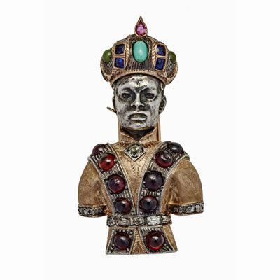 Clip Moro in Oro a Basso Titolo, Argento, Granati, Turchesi, Quarzi, Rubini, Zaffiri e Diamanti