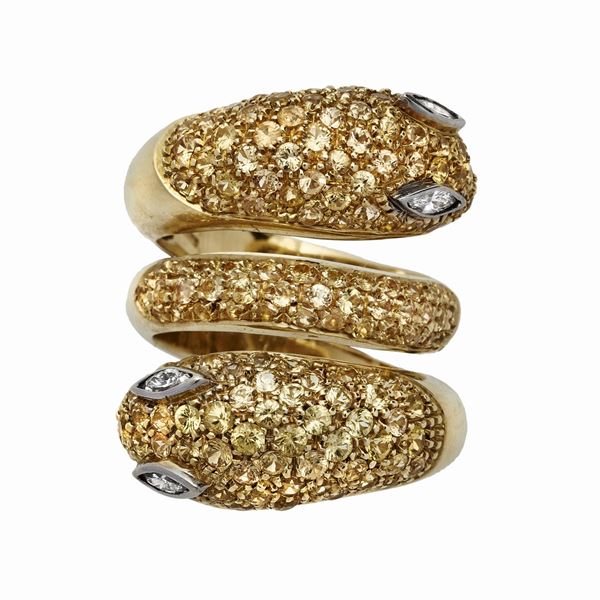 Snake ring in yellow gold, citrin and topaz and diamonds