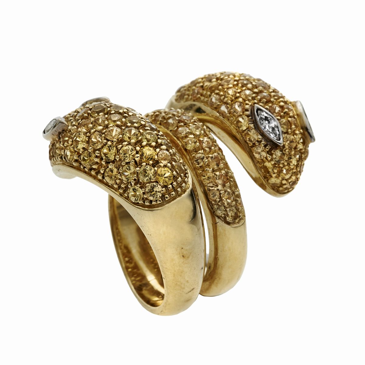 Anello Serpente in Oro Giallo, Quarzo Citrino e Topazi Giallie Diamanti