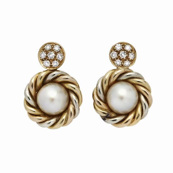 Pair of yellow, white gold, pearls and diamond earrings