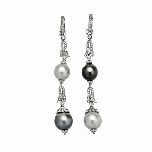 Pair of white gold pendant earrings, diamonds, australian pearls and tahiti pearls