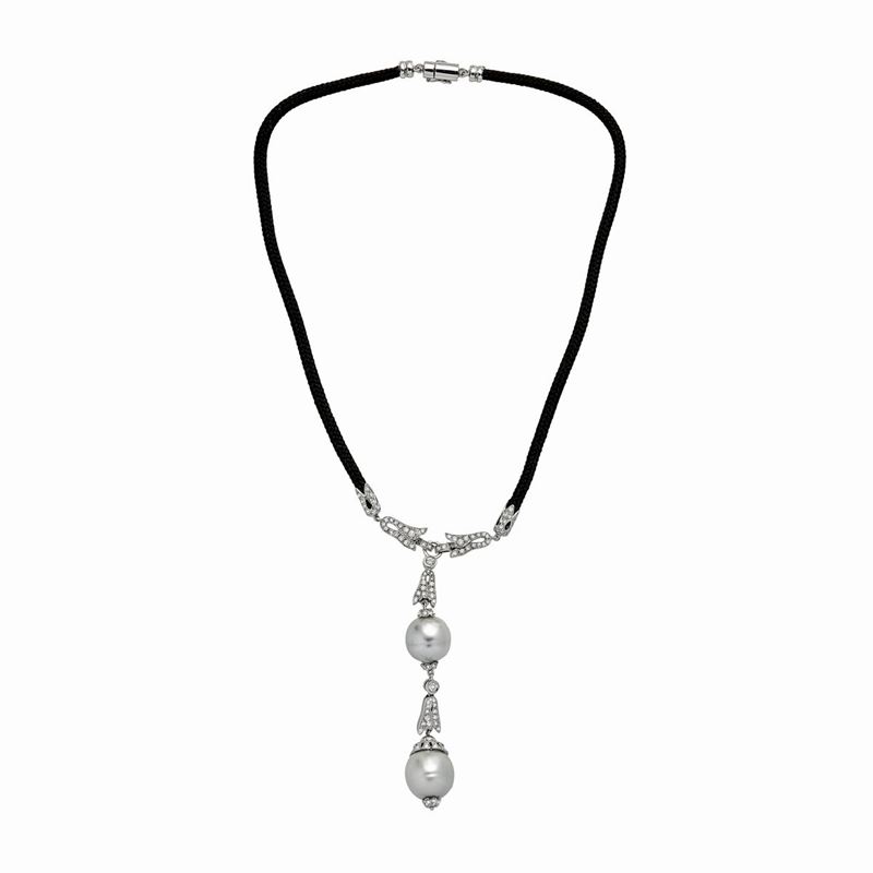 Collana in Tessuto, Oro Bianco, Diamanti, Perle Australiane