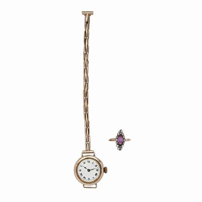 Orologio da Polso e Anello in Oro a Basso Titolo, Diamanti e Rubini