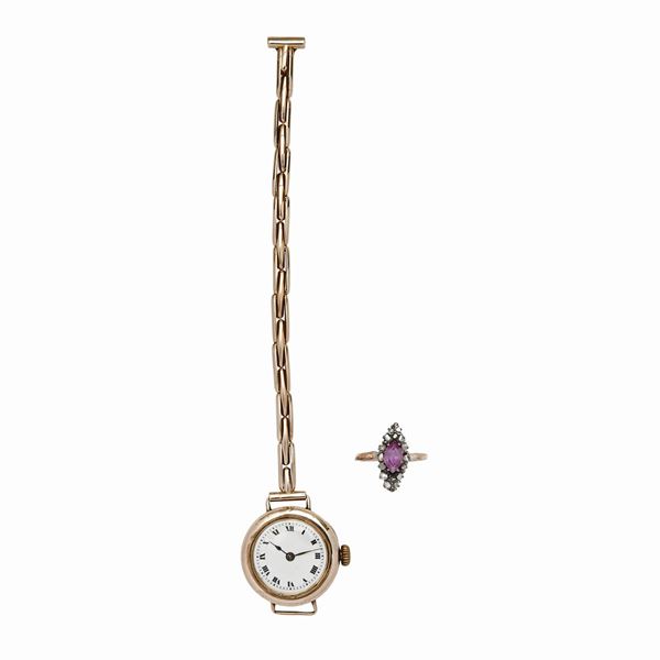 Low wrist watch and gold ring, diamonds and rubies  - Auction Antique Jewelry, Modern and Watches - Curio - Casa d'aste in Firenze