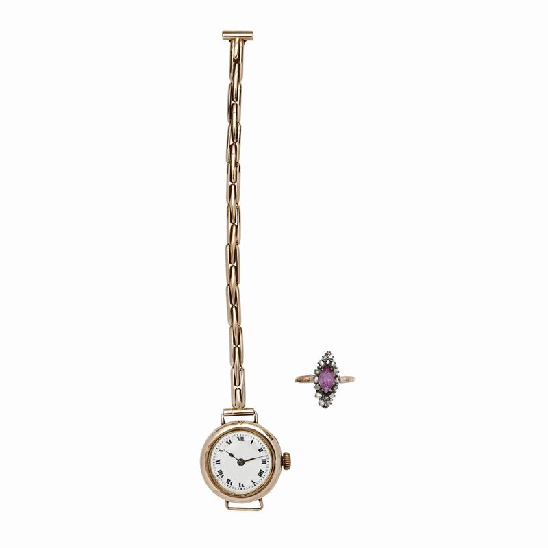 Orologio da Polso e Anello in Oro a Basso Titolo, Diamanti e Rubini