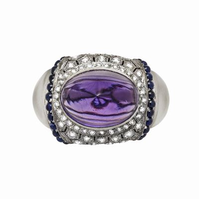 Anello in Oro Bianco, Quarzo Diamanti e Grande Ametista
