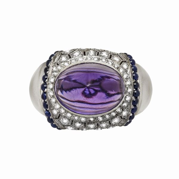 White gold ring, diamond quartz and amethyst