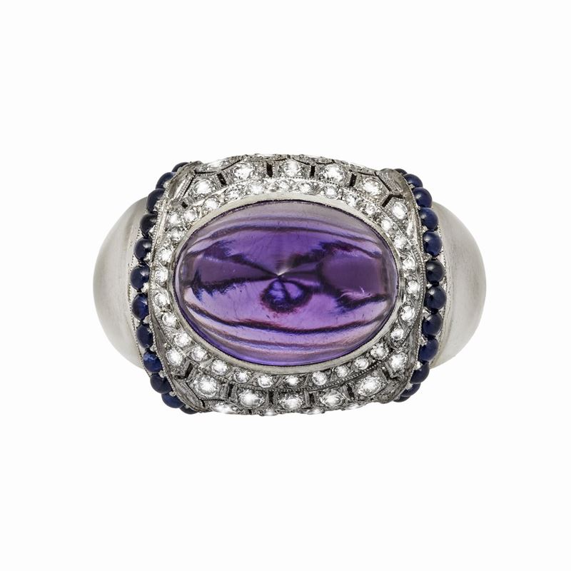 Anello in Oro Bianco, Quarzo Diamanti e Grande Ametista