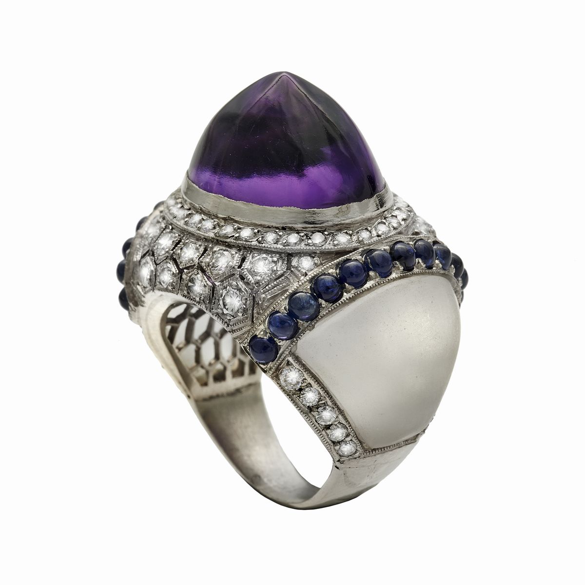 Anello in Oro Bianco, Quarzo Diamanti e Grande Ametista