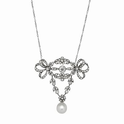 Collana in Oro Bianco, Diamanti e Perla