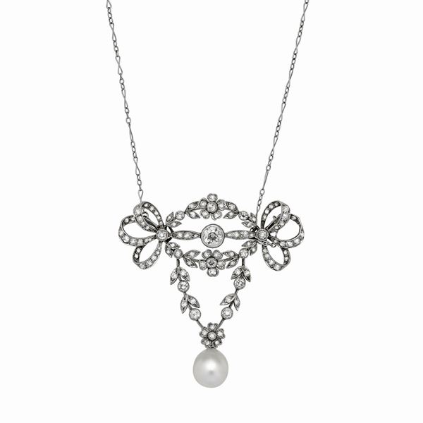 White gold necklace, diamonds and pearl
