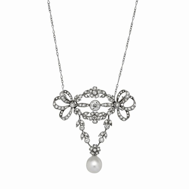 Collana in Oro Bianco, Diamanti e Perla