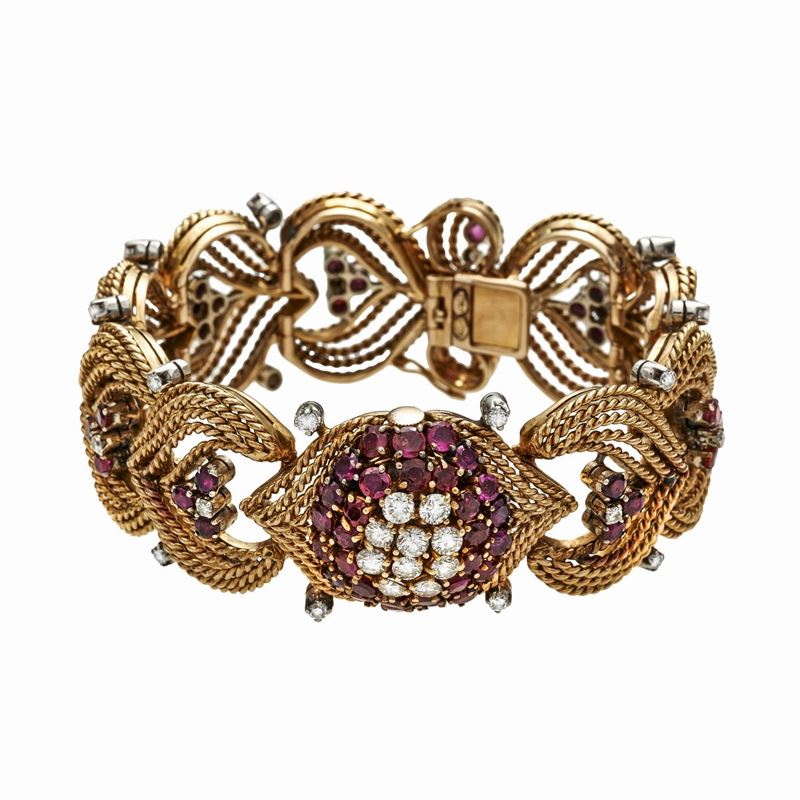 Bracciale Orologio in Oro Giallo, Diamanti e Rubini Rolex