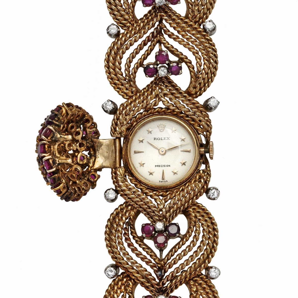 Bracciale Orologio in Oro Giallo, Diamanti e Rubini Rolex