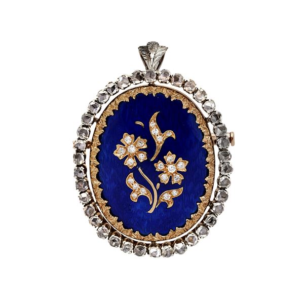 Spilla pendente in oro bianco, diamanti e smalto blu  - Asta Gioielli Antichi, Moderni e Orologi - Curio - Casa d'aste in Firenze