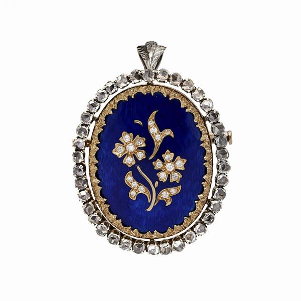 Spilla pendente in oro bianco, diamanti e smalto blu