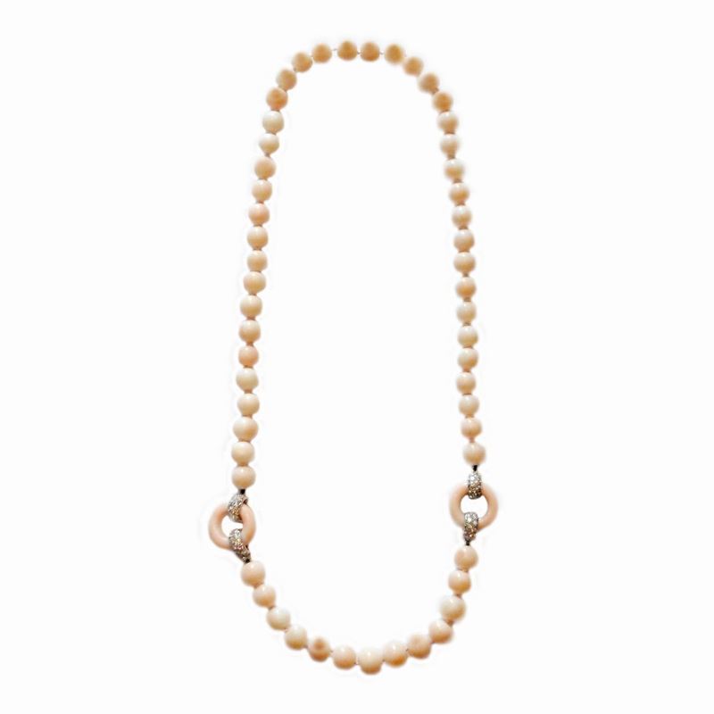 Collana in Oro Bianco, Diamanti, Corallo Pelle D'angelo Torrini