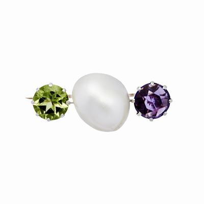 Spilla in Oro Rosa, Oro Bianco, Quarzo Verde, Ametista e Perla Naturale