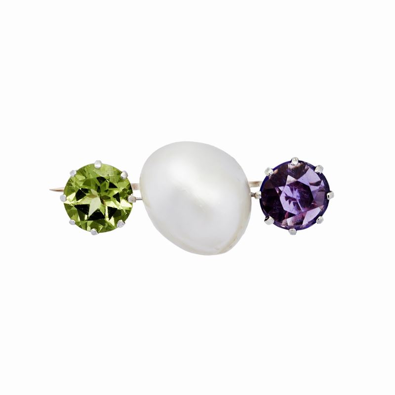 Spilla in Oro Rosa, Oro Bianco, Quarzo Verde, Ametista e Perla Naturale