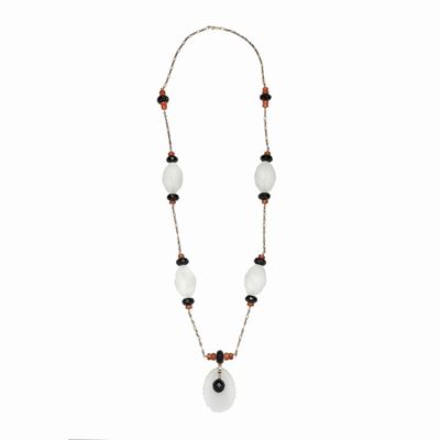 Collana in Oro a Basso Titolo, Onice, Corallo e Cristallo di Rocca