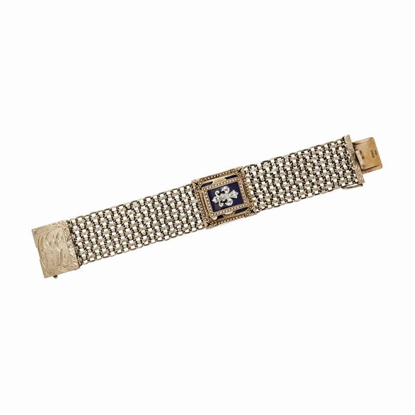 Low-grade gold watch bracelet, diamonds, black enamel micro-beads