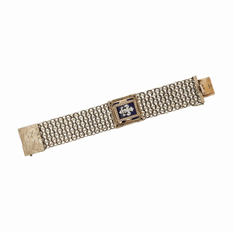 Bracciale Orologio in Oro a Basso Titolo, Diamanti, Microperle Smalto Nero
