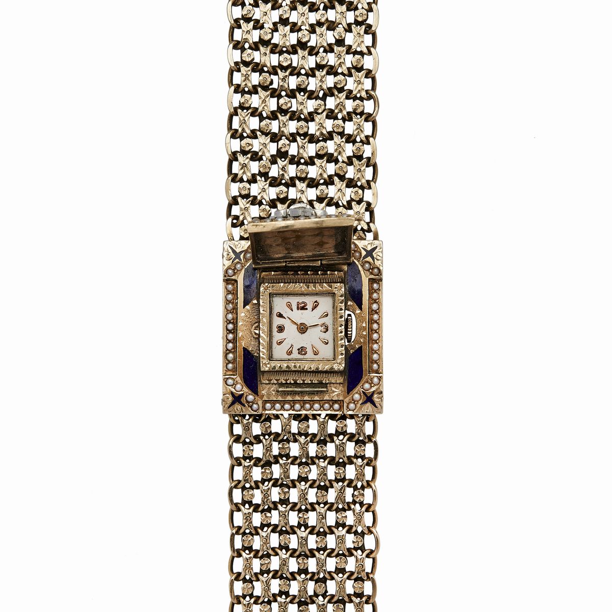 Bracciale Orologio in Oro a Basso Titolo, Diamanti, Microperle Smalto Nero