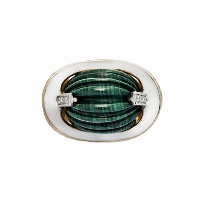 Anello in Oro Giallo, Oro Bianco, Diamanti, Smalto Bianco e Malachite