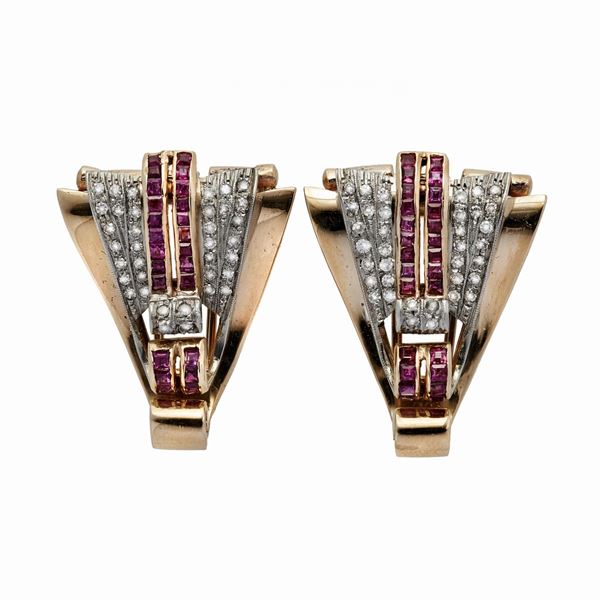 Pair of clips in yellow gold, diamonds and rubies