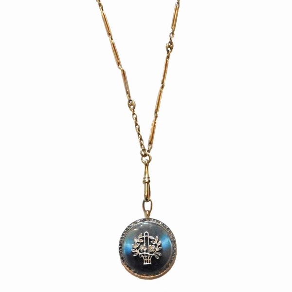 Yellow gold pendant, diamonds, blue enamel with yellow gold chain