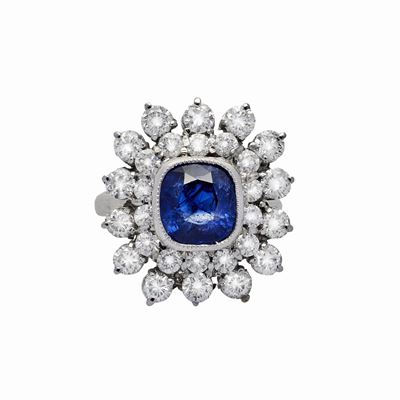 Anello in Oro Bianco, Diamanti e Zaffiro