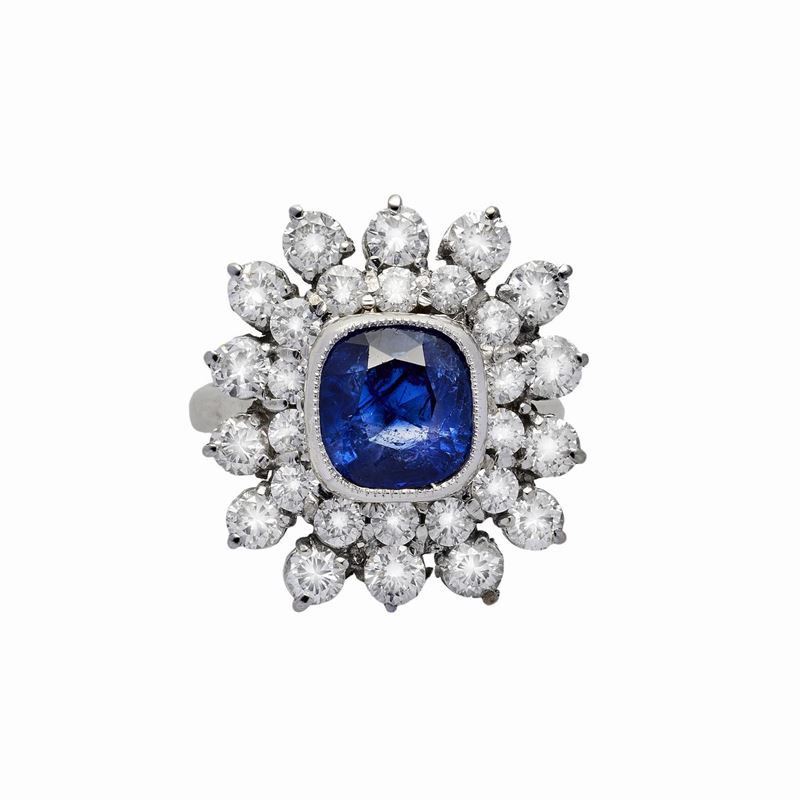 Anello in Oro Bianco, Diamanti e Zaffiro
