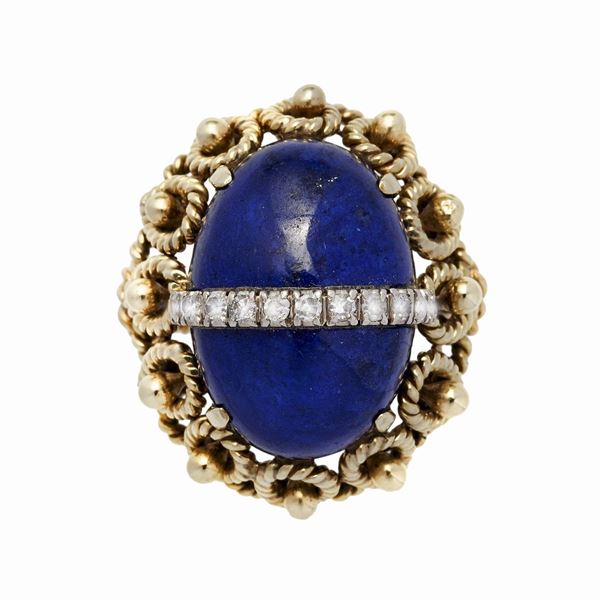 Ring in yellow gold with diamonds and lapis lazuli