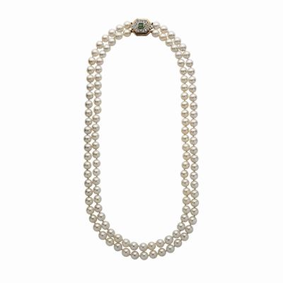 Collana in Oro Giallo, Diamanti, Smeraldo e Perle