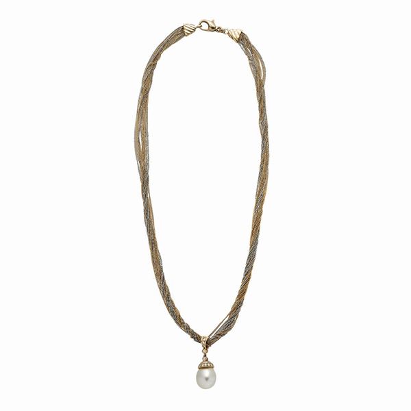 Necklace in yellow gold, white gold, diamonds and pearl  - Auction Antique Jewelry, Modern and Watches - Curio - Casa d'aste in Firenze