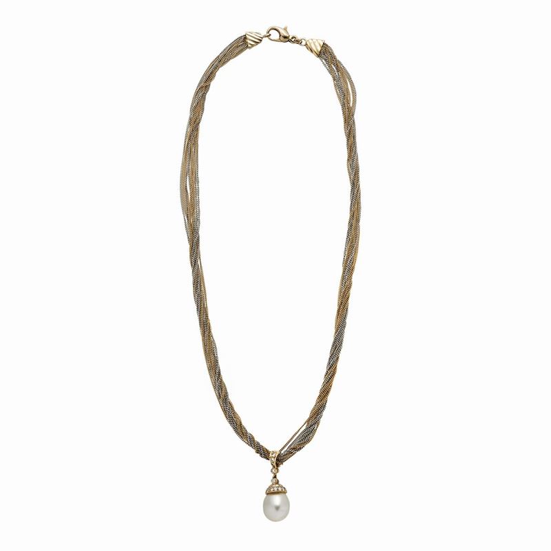 Collana in Oro Giallo, Oro Bianco, Diamanti e Perla