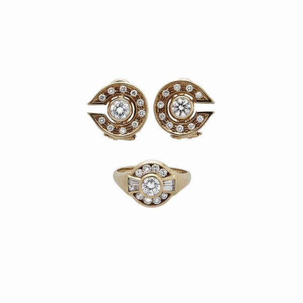 Pair of earrings and ring in yellow gold and diamonds