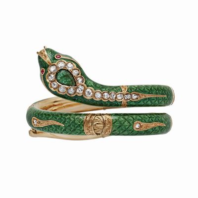 Bracciale Serpente in Oro Giallo, Smalto Verde, Diamanti e Smeraldi