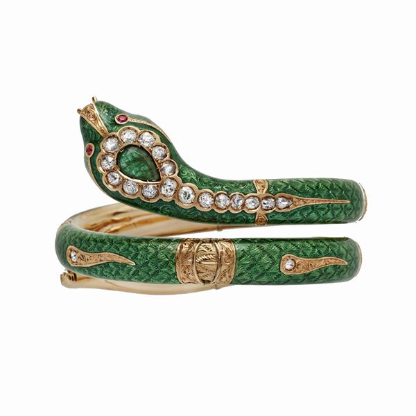 Yellow gold snake bracelet, green enamel, diamonds and emeralds