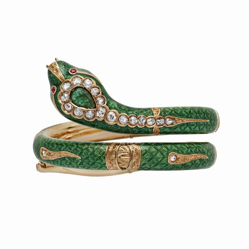 Bracciale Serpente in Oro Giallo, Smalto Verde, Diamanti e Smeraldi
