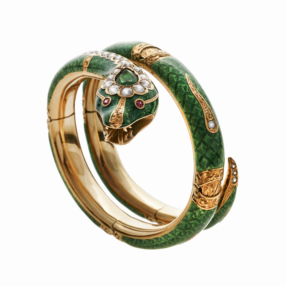 Bracciale Serpente in Oro Giallo, Smalto Verde, Diamanti e Smeraldi
