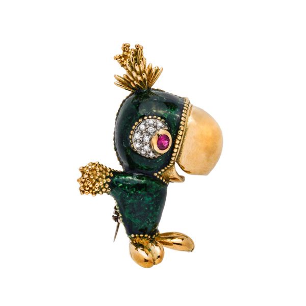 FRASCAROLO - Parrot brooch in yellow gold, white gold, diamond, ruby and green enamel Frascarolo