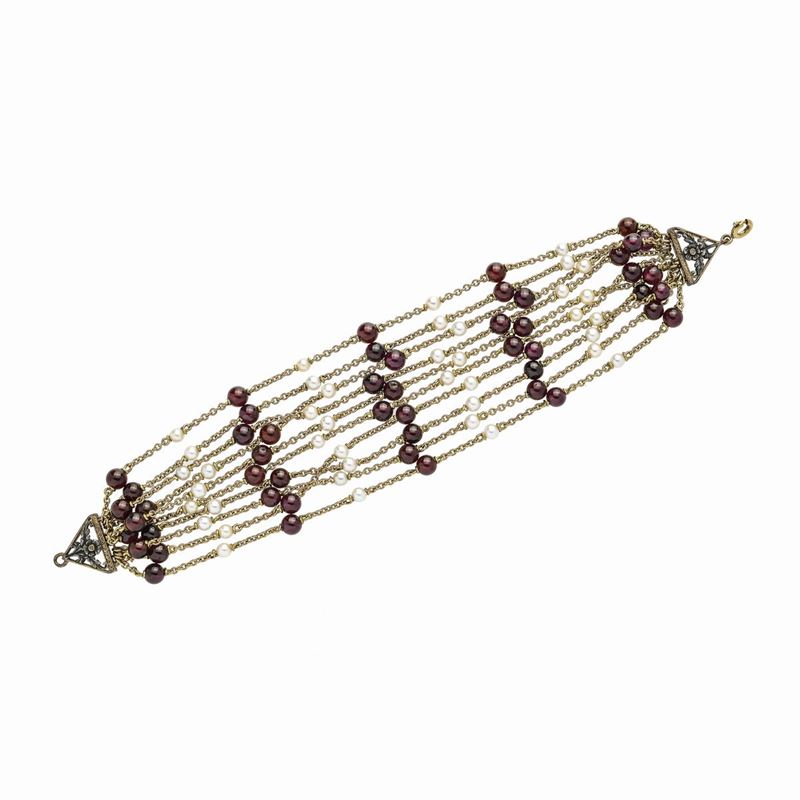 Bracciale in Oro Giallo, Oro a Basso Titolo, Argento, Perle Coltivate e Granati